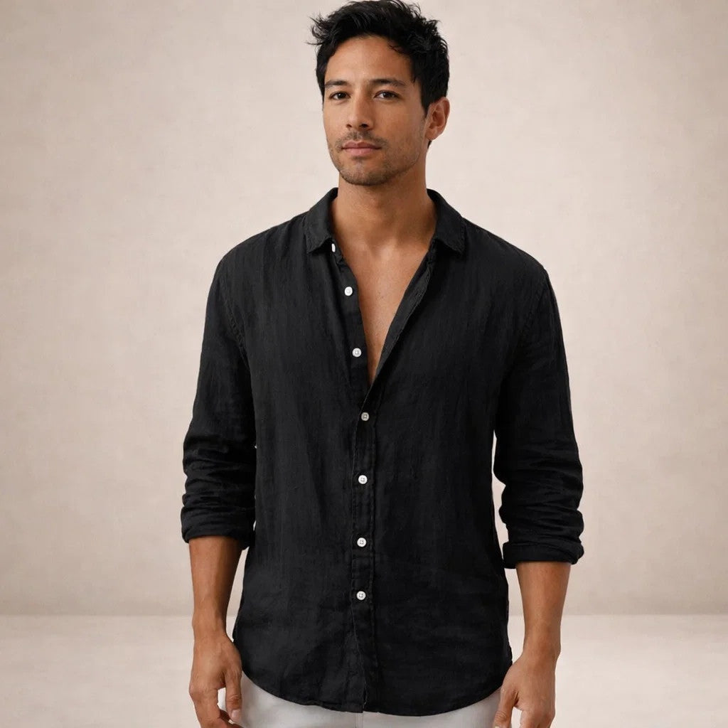 Pau | Men's Long Sleeve Linen Shirt Mao Collar