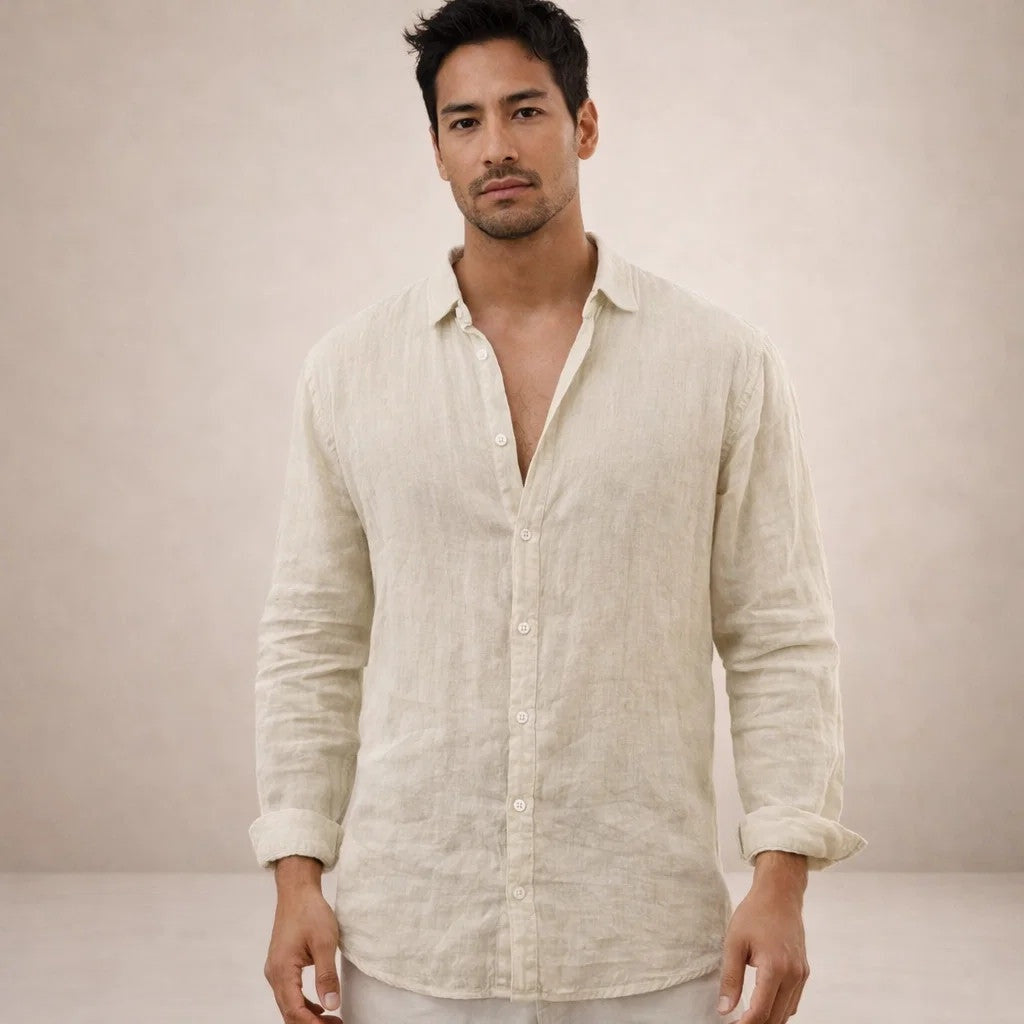 Pau | Men's Long Sleeve Linen Shirt Mao Collar