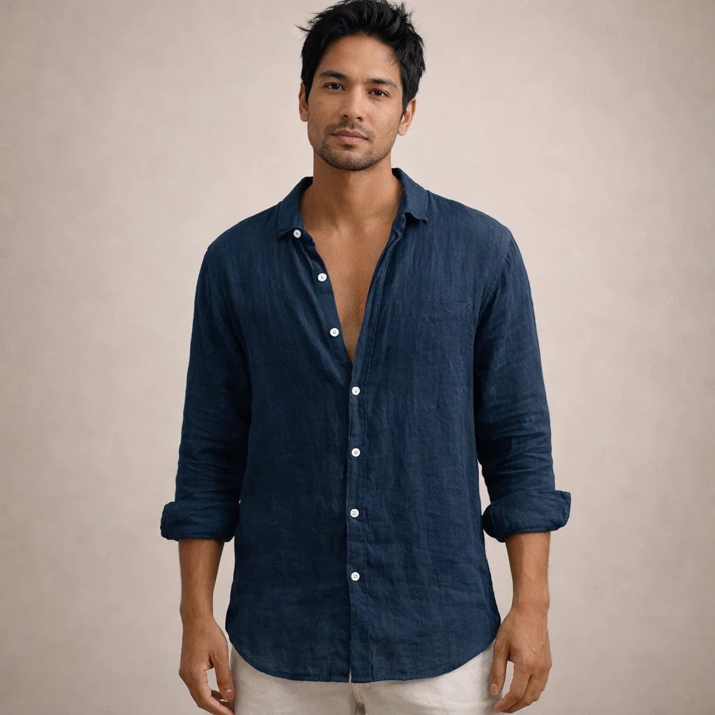 Pau | Men's Long Sleeve Linen Shirt Mao Collar