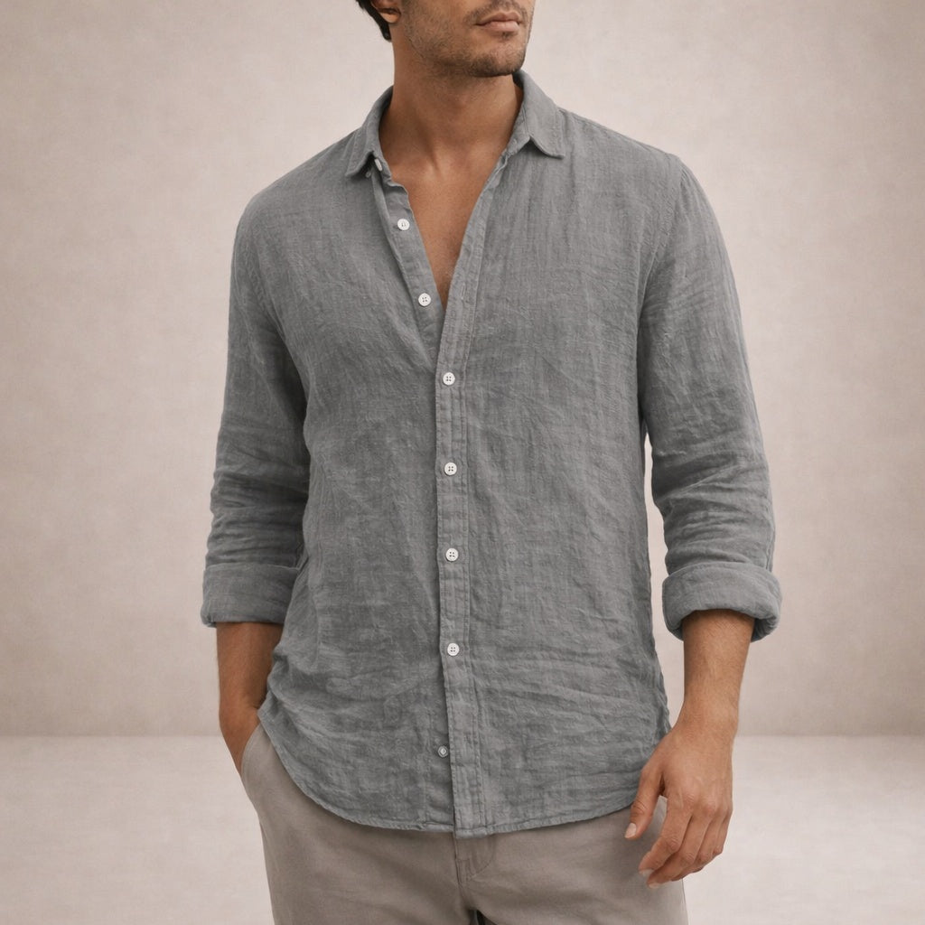 Pau | Men's Long Sleeve Linen Shirt Mao Collar