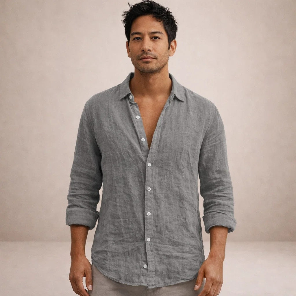Pau | Men's Long Sleeve Linen Shirt Mao Collar