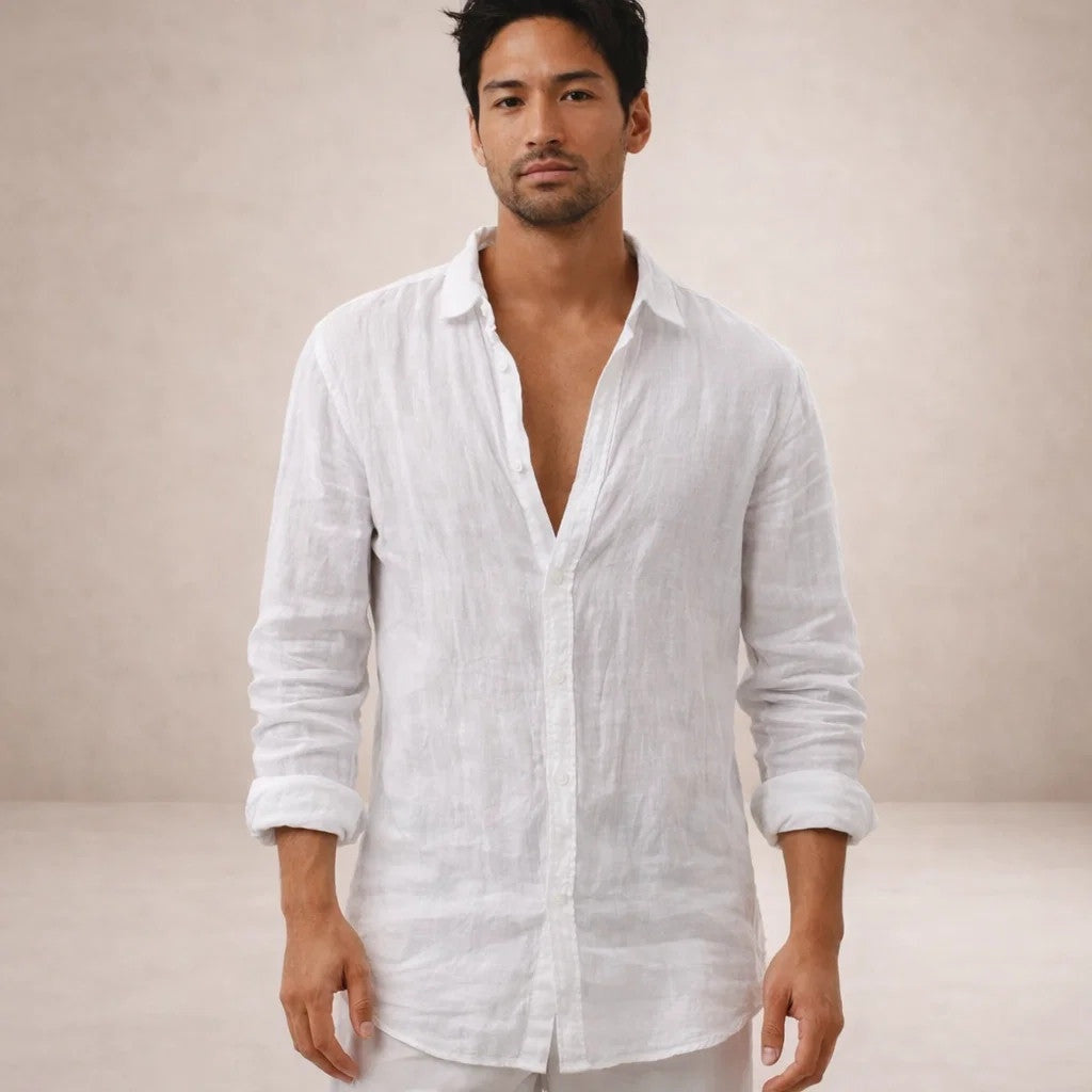 Pau | Men's Long Sleeve Linen Shirt Mao Collar