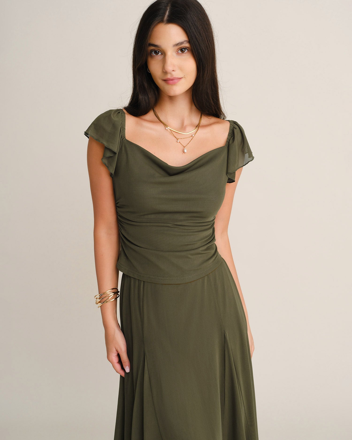 Green Cowl Neck Ruched Mesh Tee