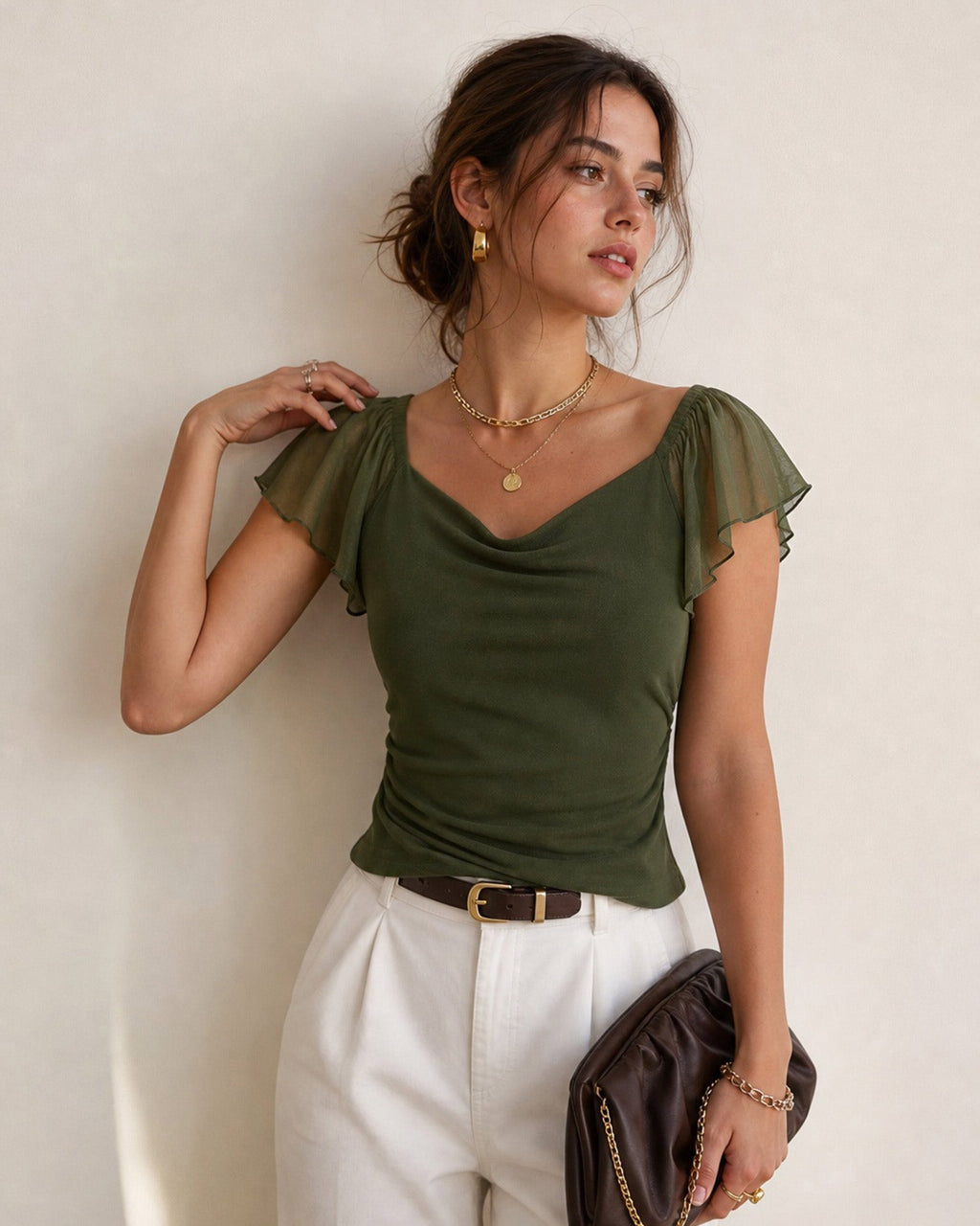 Green Cowl Neck Ruched Mesh Tee