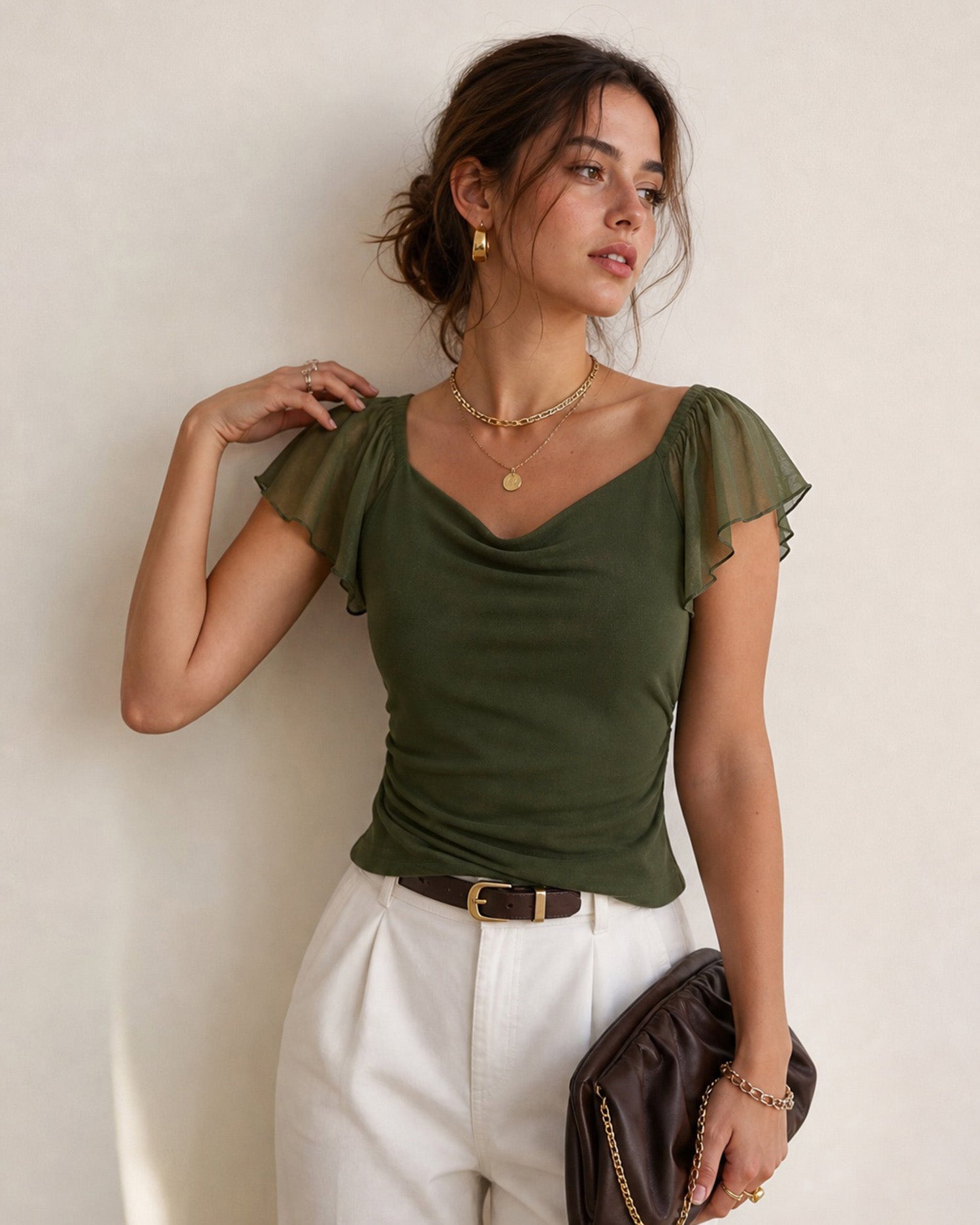 Green Cowl Neck Ruched Mesh Tee