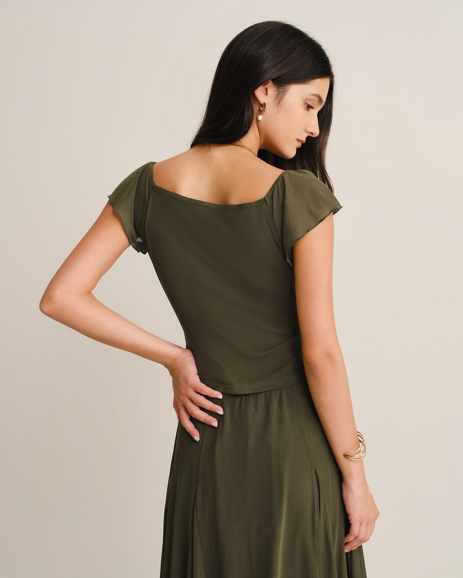 Green Cowl Neck Ruched Mesh Tee