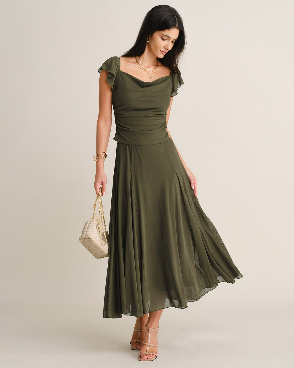 Green Cowl Neck Ruched Mesh Tee