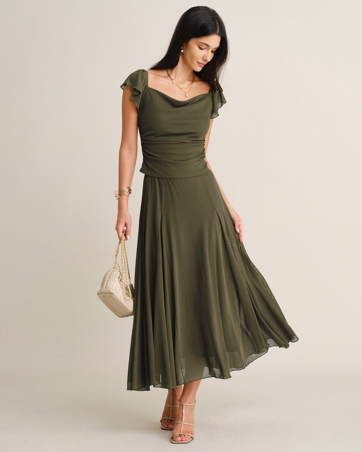 Green Cowl Neck Ruched Mesh Tee