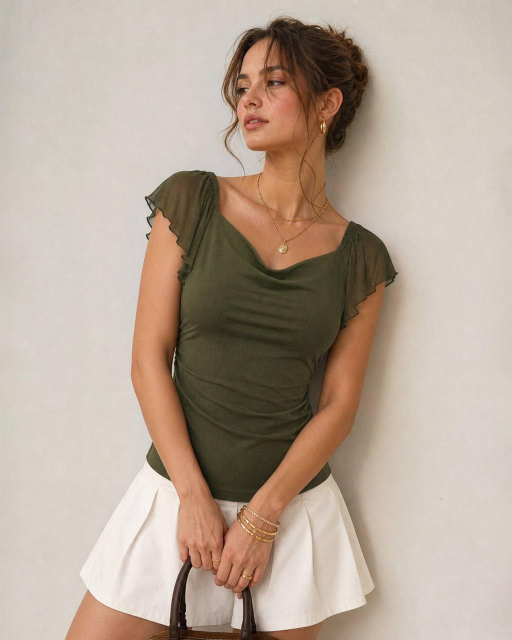Green Cowl Neck Ruched Mesh Tee