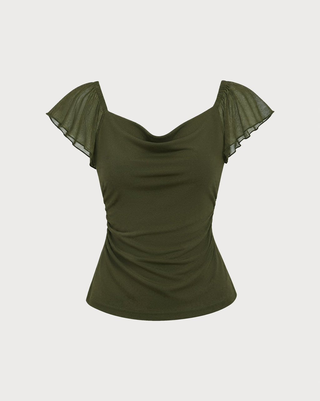 Green Cowl Neck Ruched Mesh Tee