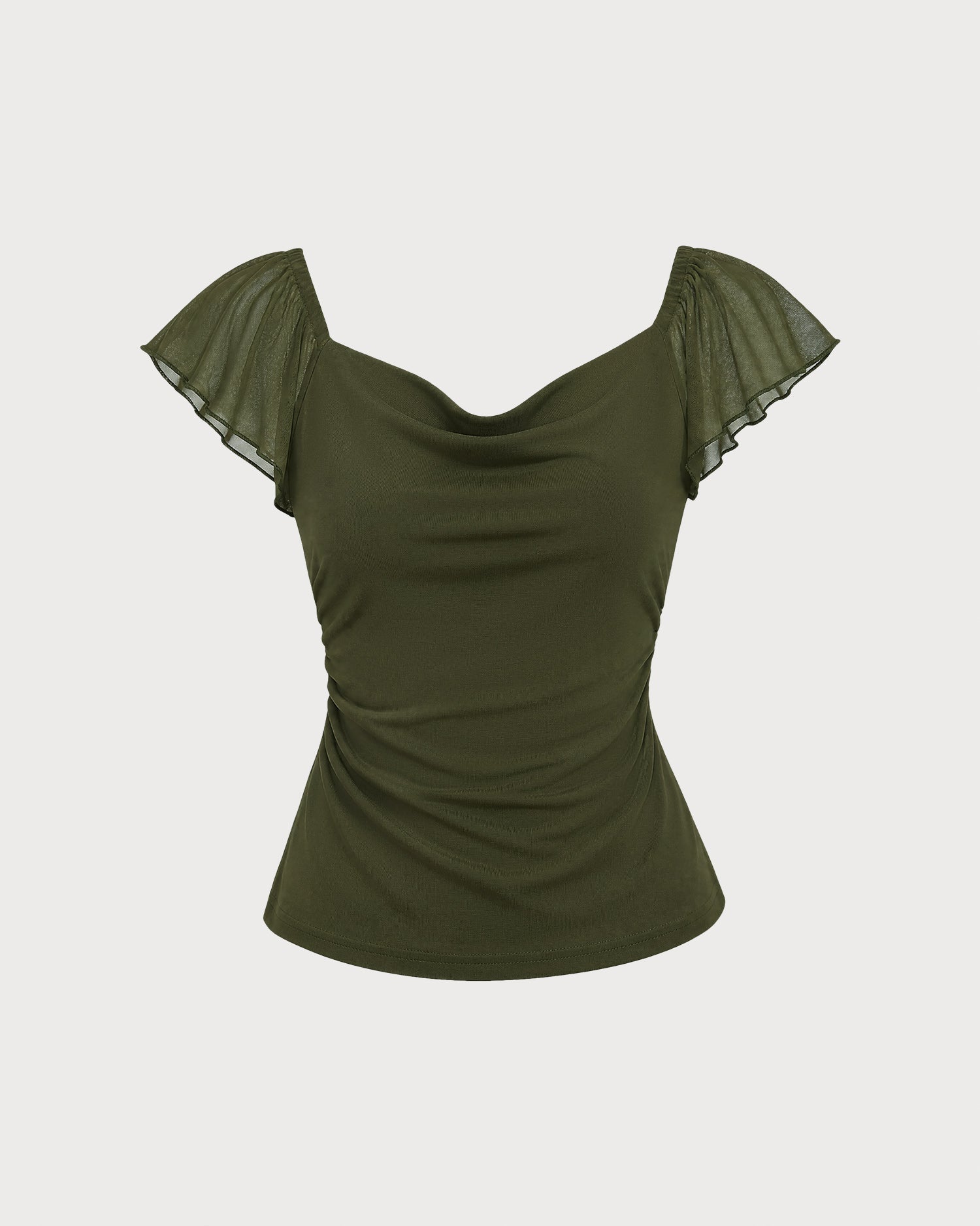 Green Cowl Neck Ruched Mesh Tee