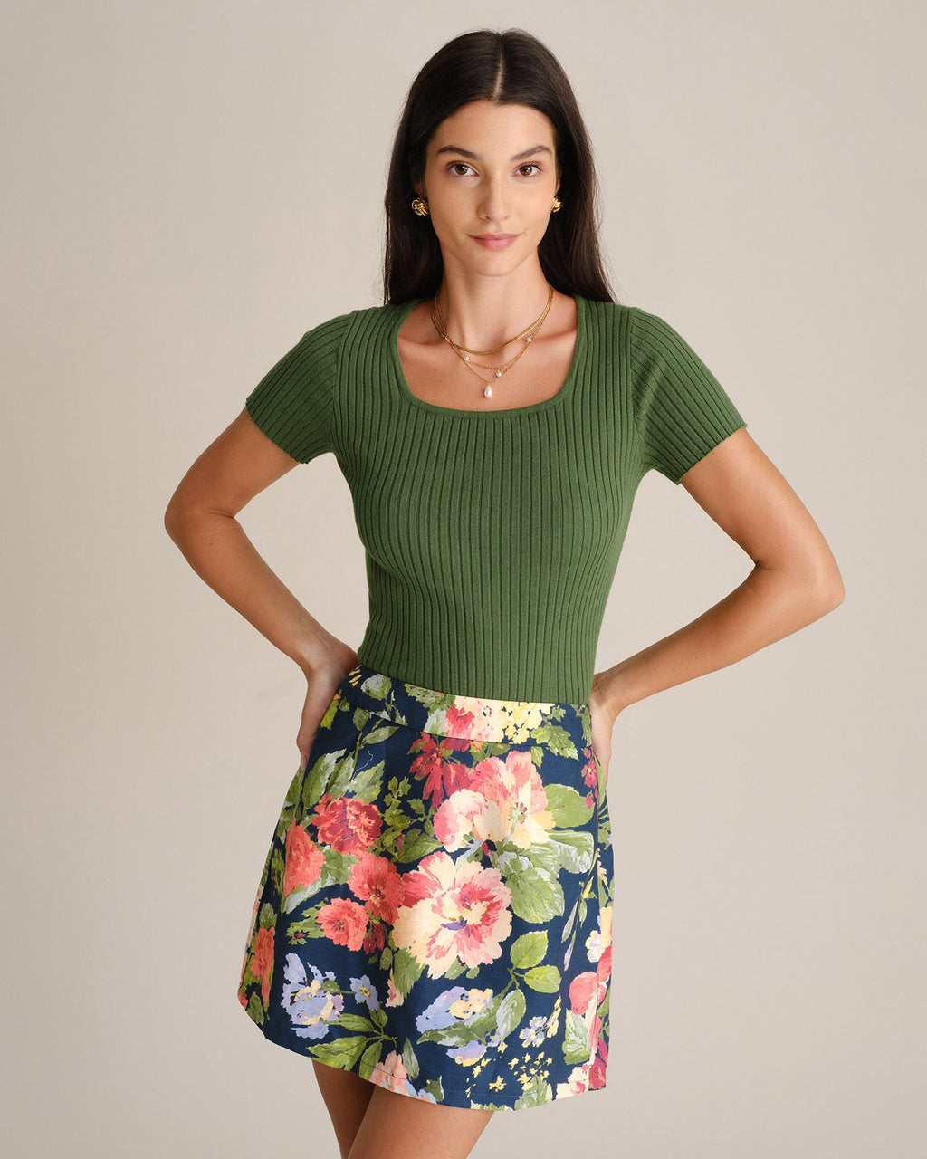 Green Square Neck Knit Tee
