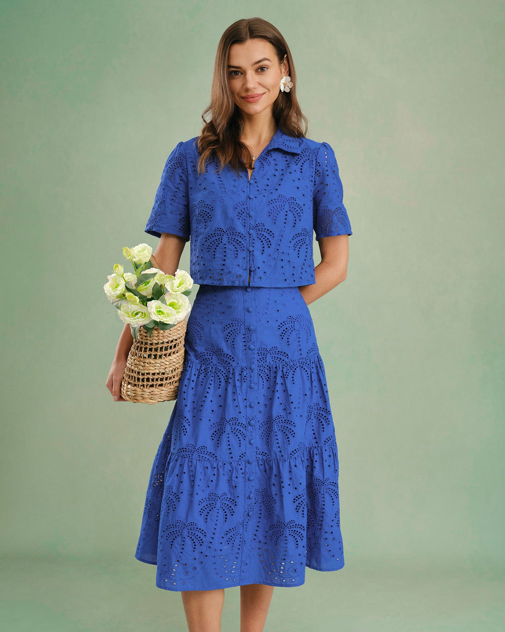 Blue Embroidery Midi Skirt