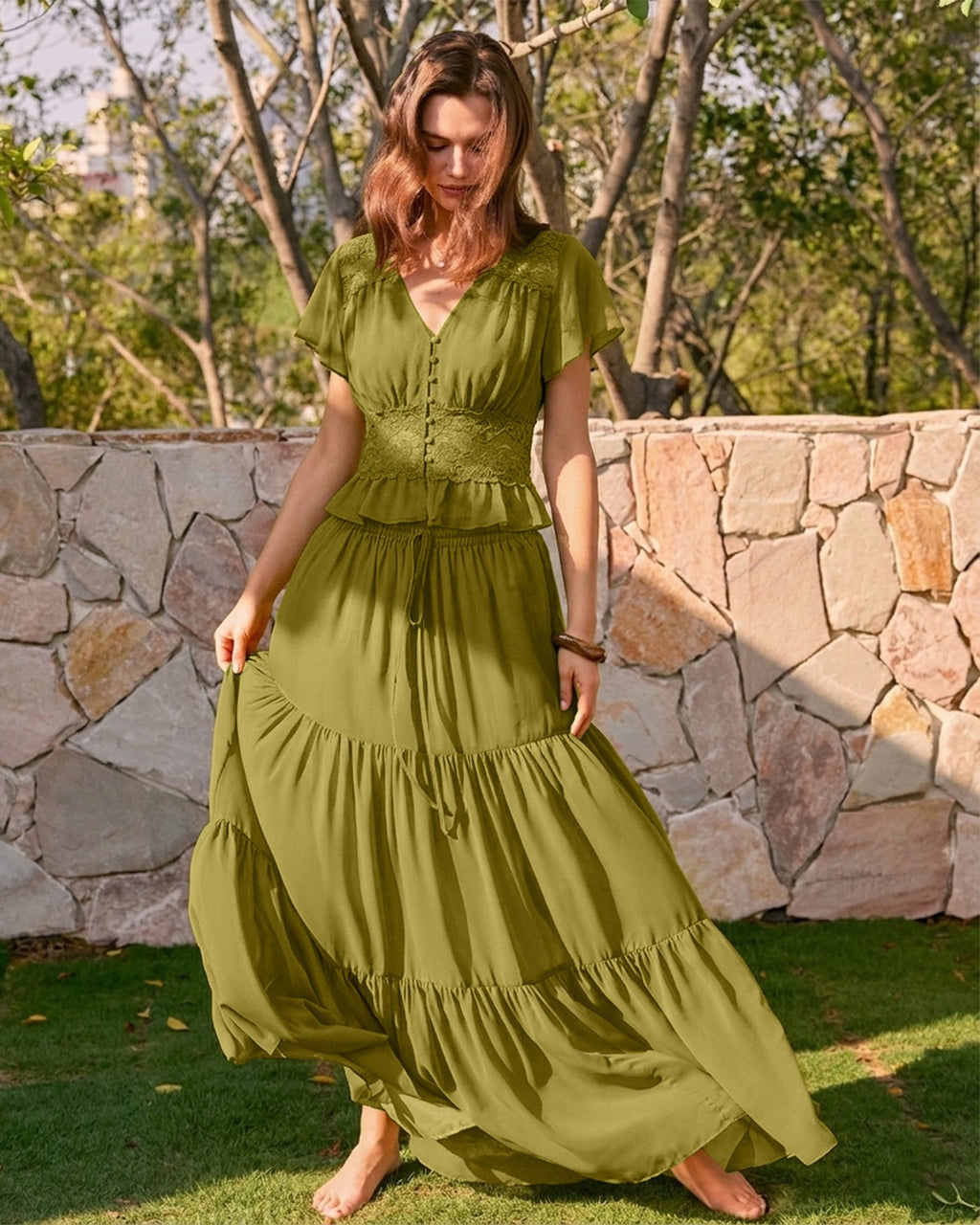 Green V Neck Ruched Blouse