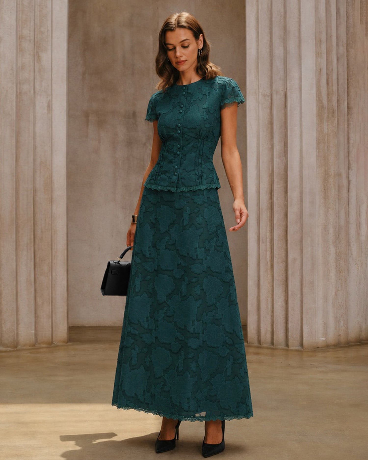 Green Cap Sleeve Jacquard Blouse