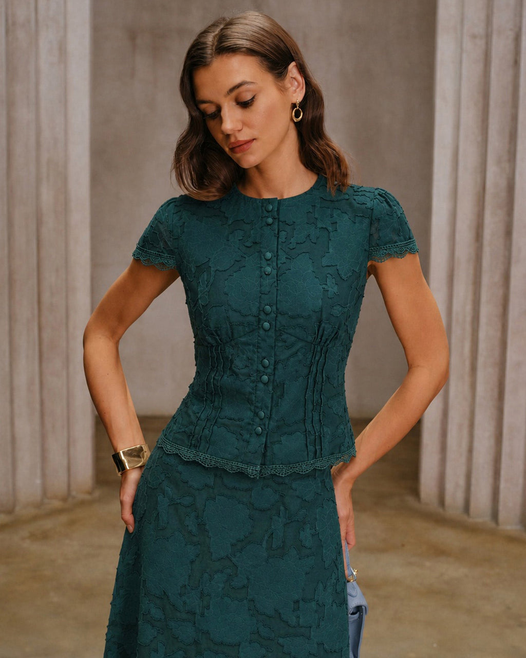 Green Cap Sleeve Jacquard Blouse