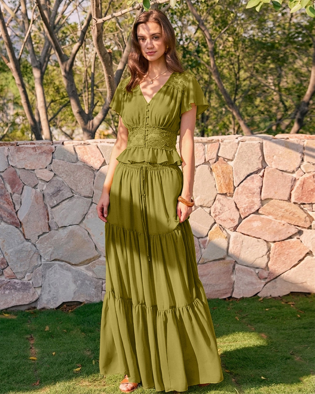 Green Elastic Waist Chiffon Maxi Skirt