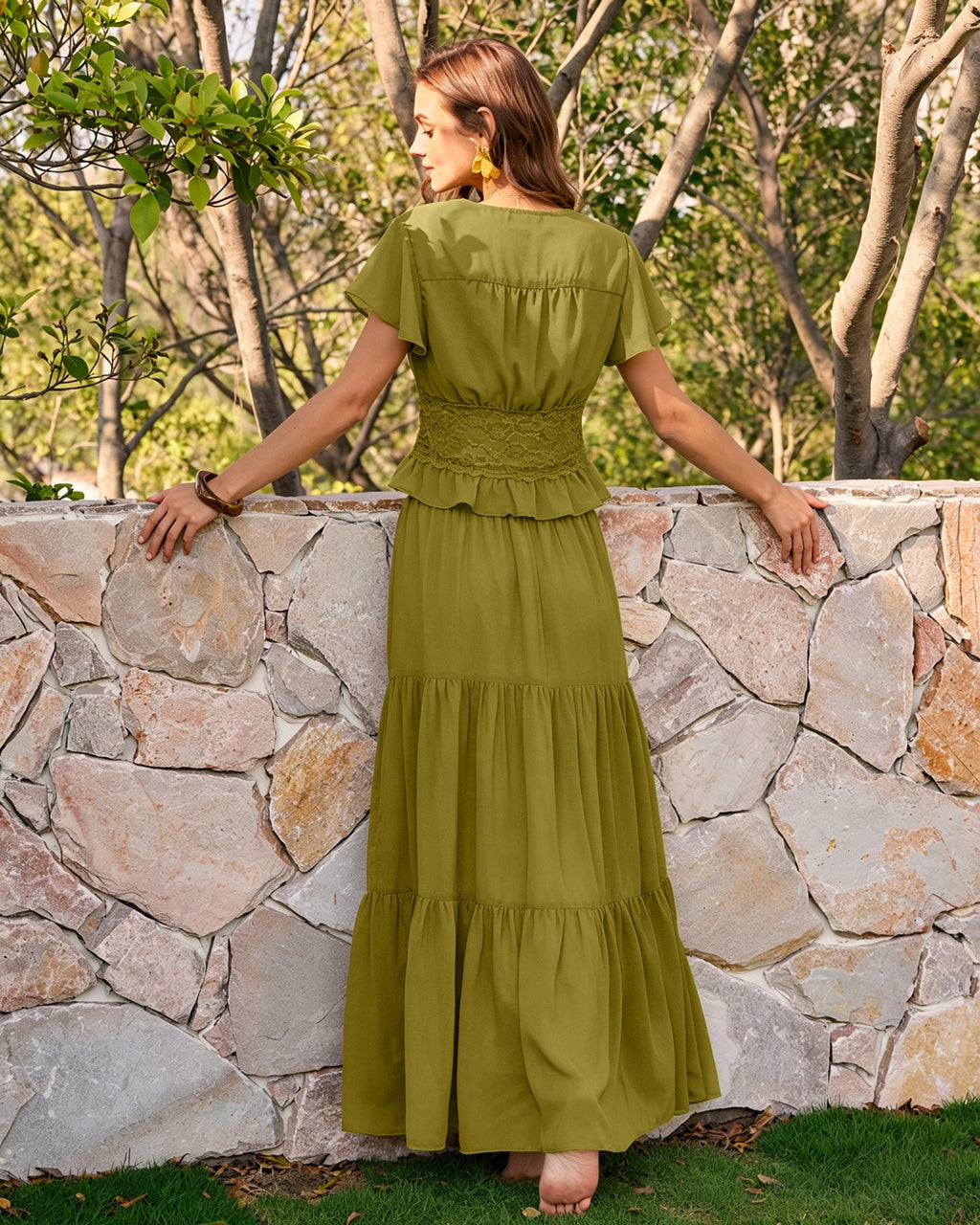 Green Elastic Waist Chiffon Maxi Skirt