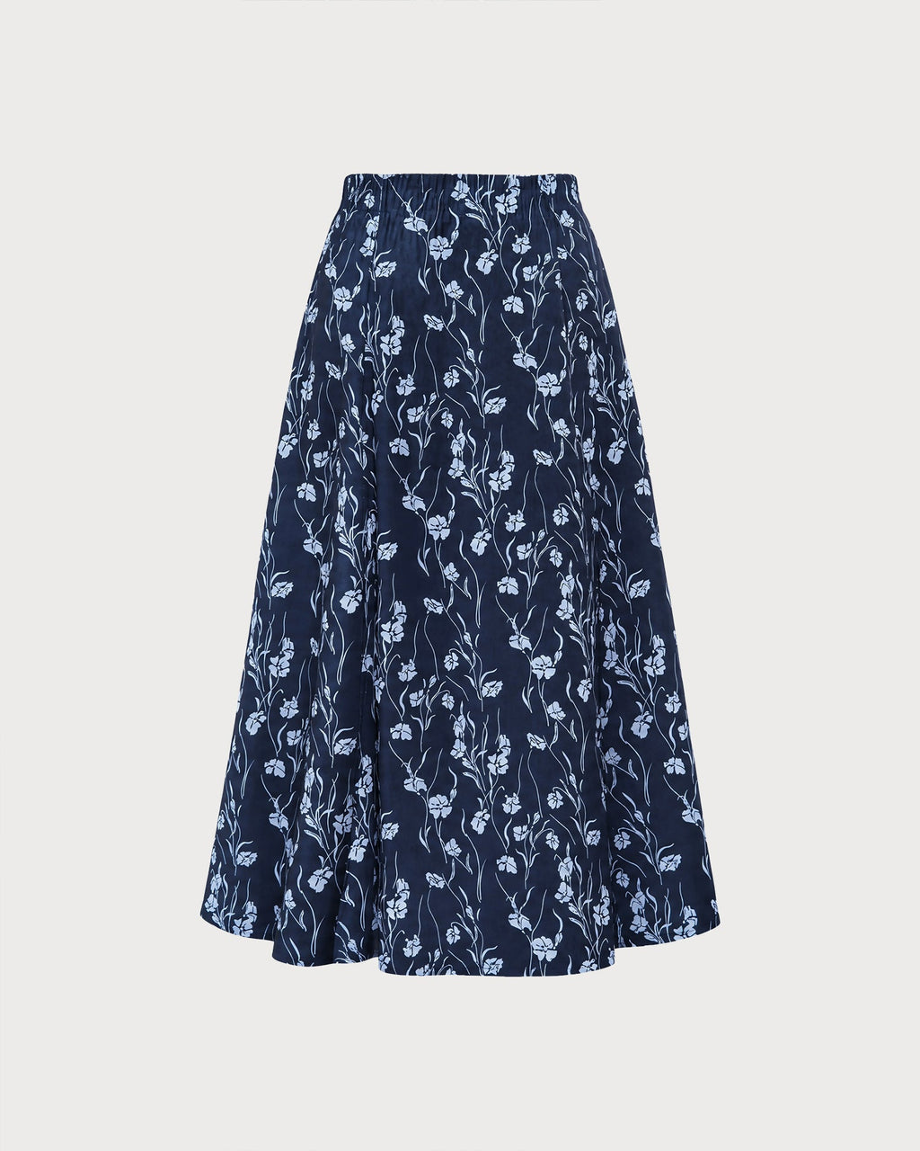Navy Elastic Waist Floral Slit Midi Skirt