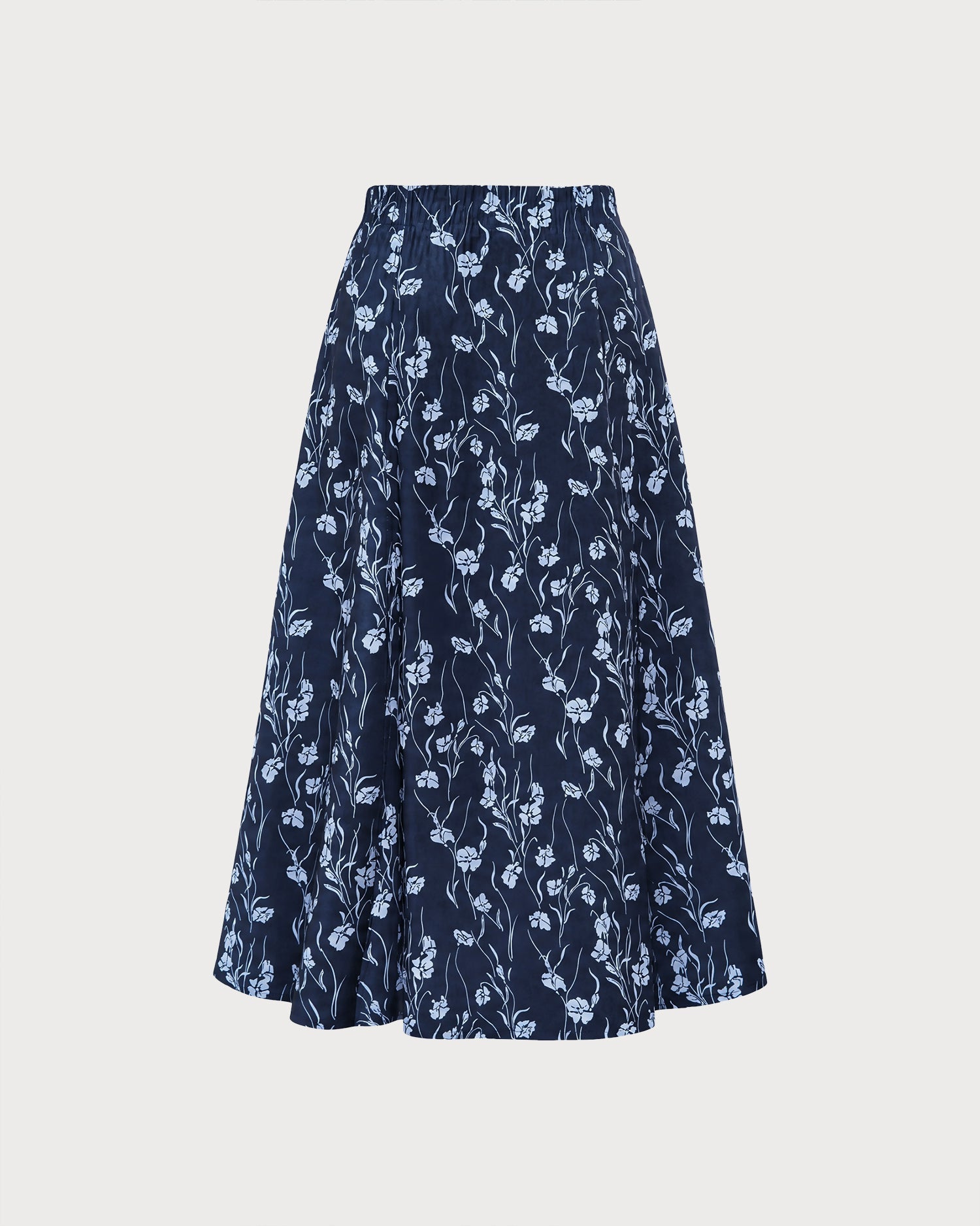Navy Elastic Waist Floral Slit Midi Skirt