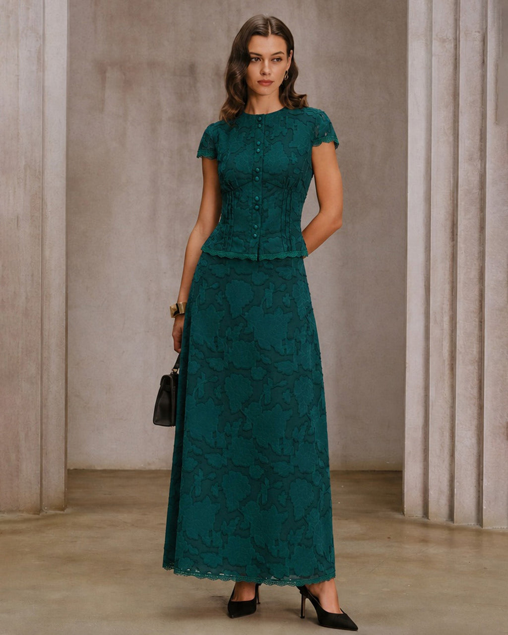 Green Lace Jacquard Midi Skirt