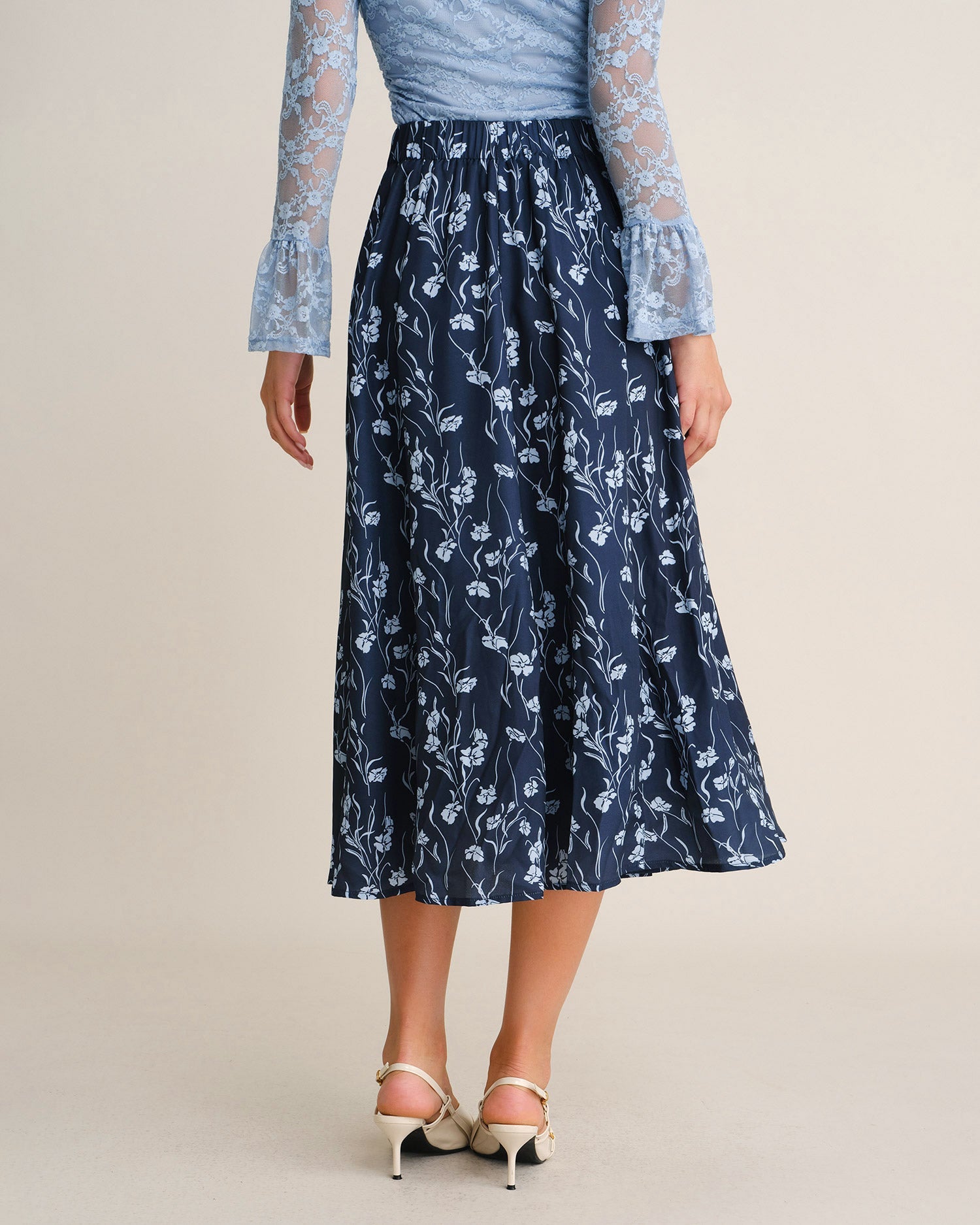 Navy Elastic Waist Floral Slit Midi Skirt