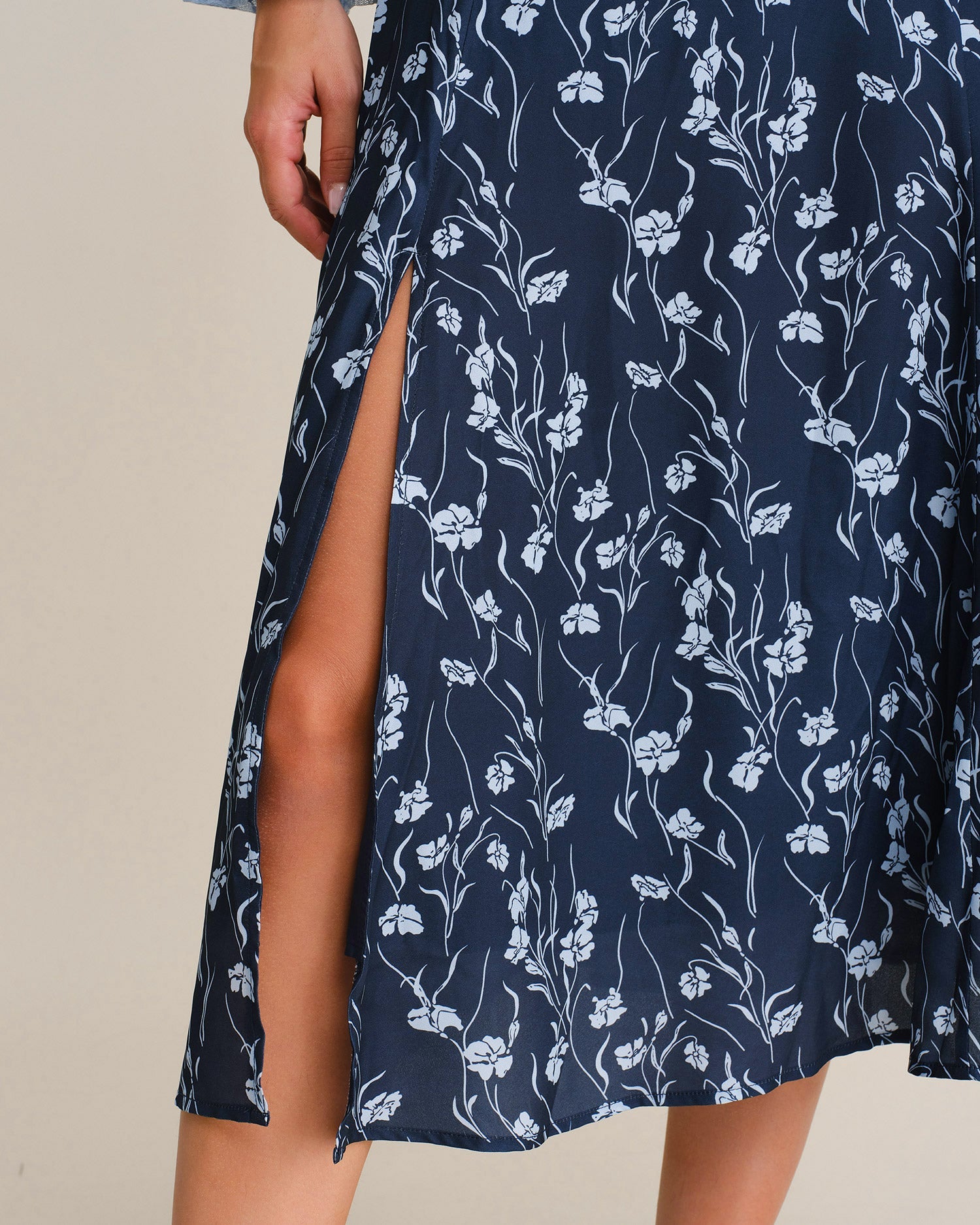 Navy Elastic Waist Floral Slit Midi Skirt