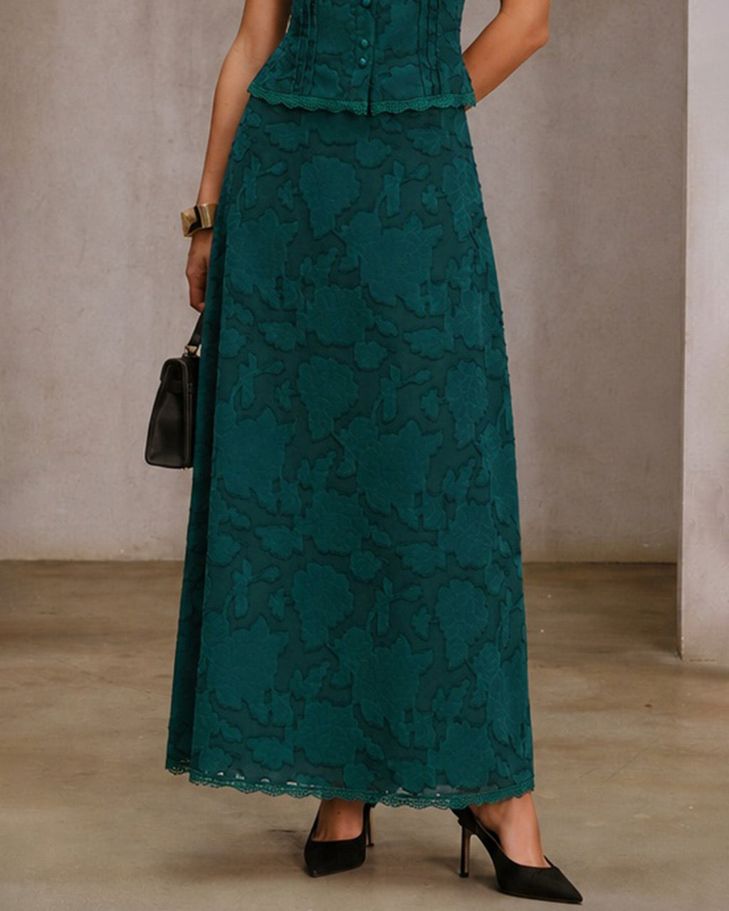 Green Lace Jacquard Midi Skirt