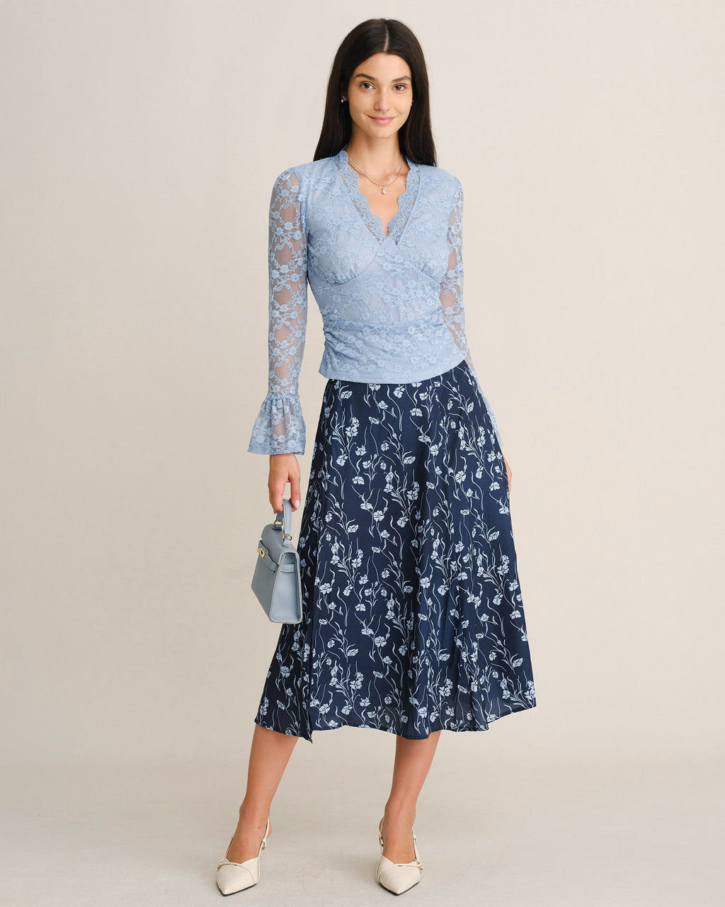 Navy Elastic Waist Floral Slit Midi Skirt