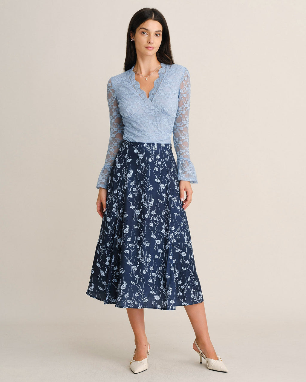 Navy Elastic Waist Floral Slit Midi Skirt