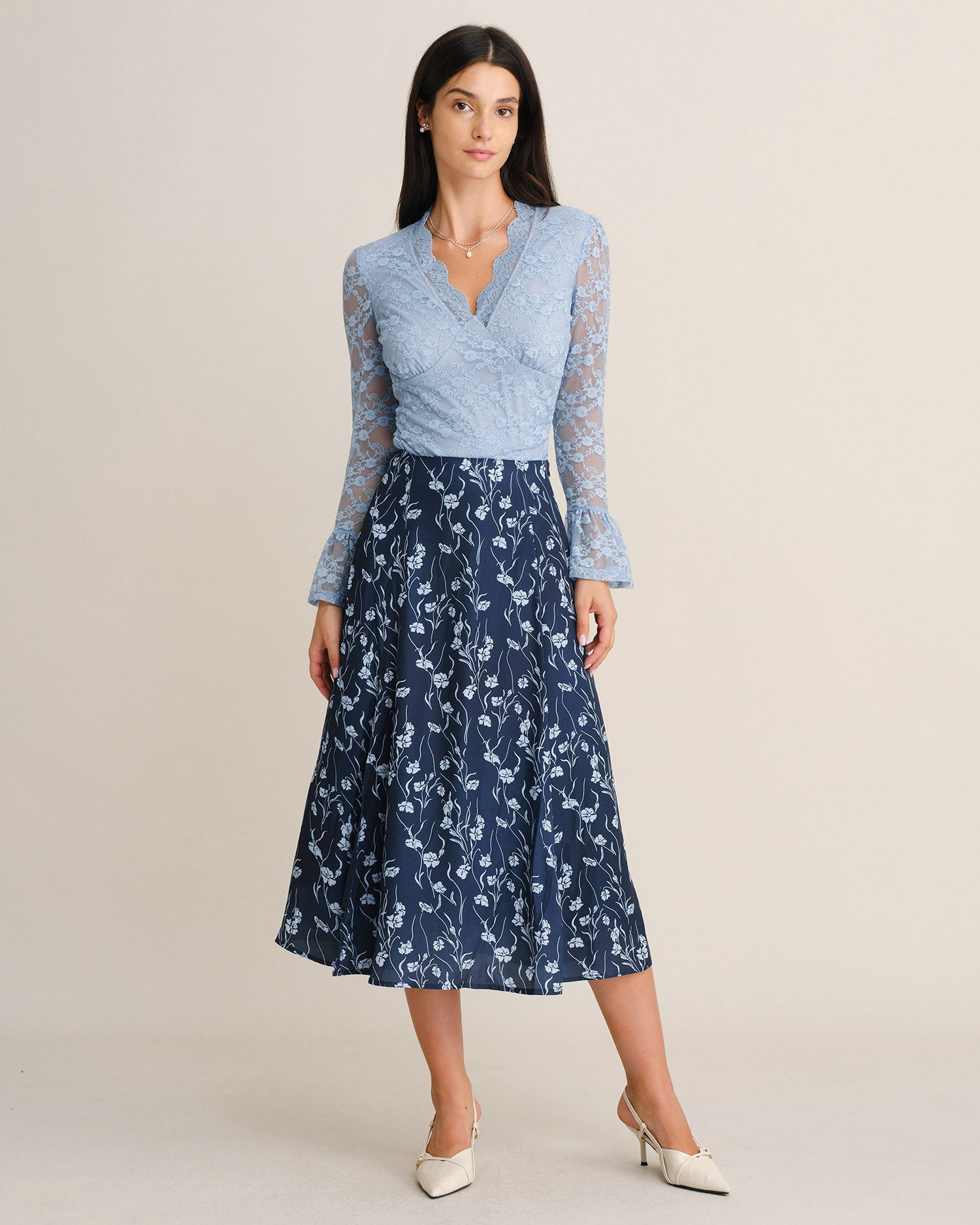 Navy Elastic Waist Floral Slit Midi Skirt