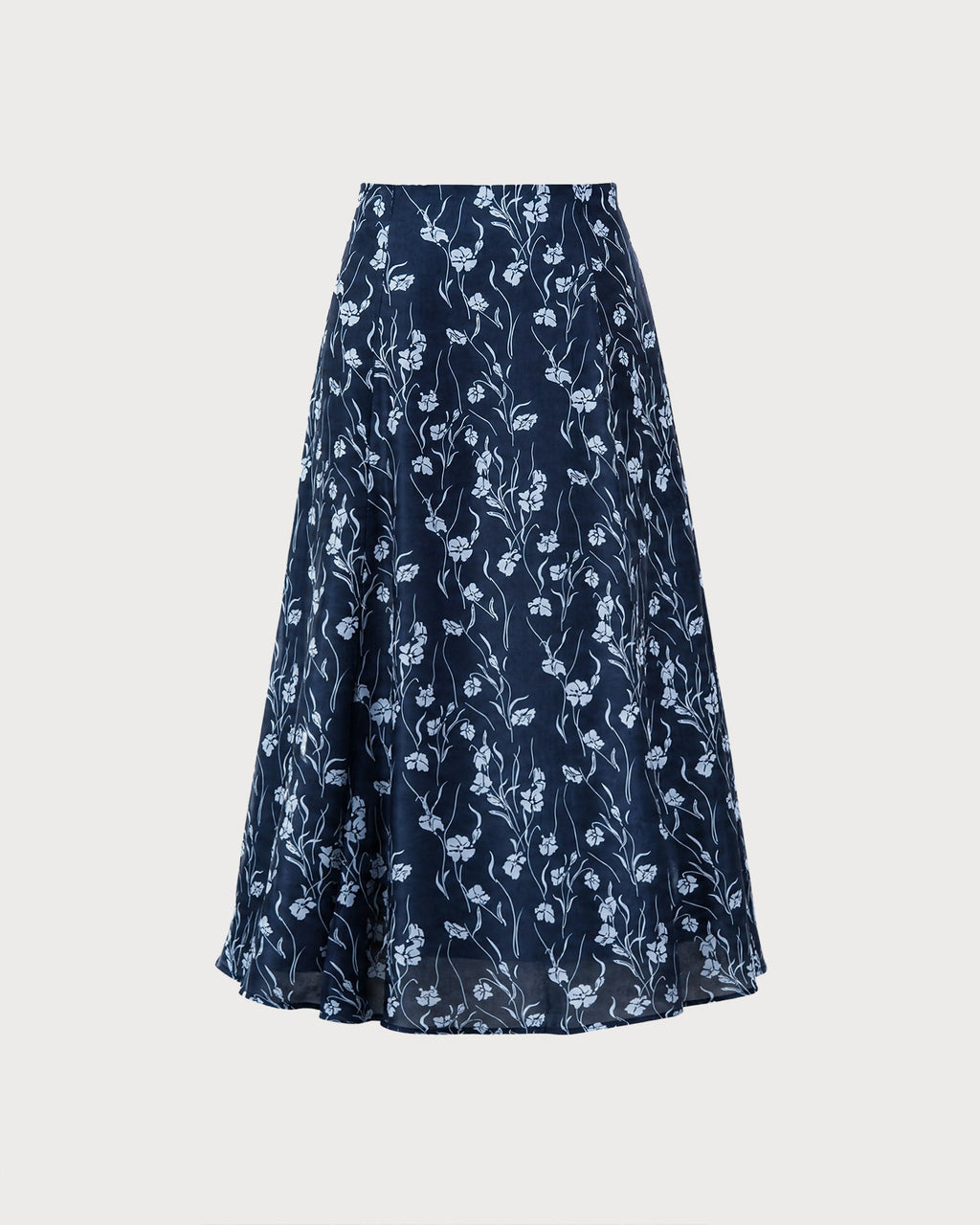 Navy Elastic Waist Floral Slit Midi Skirt