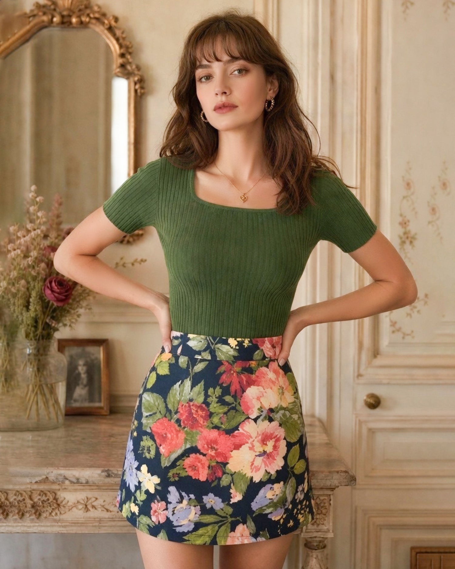 Floral Elastic Waist A-Line Mini Skirt