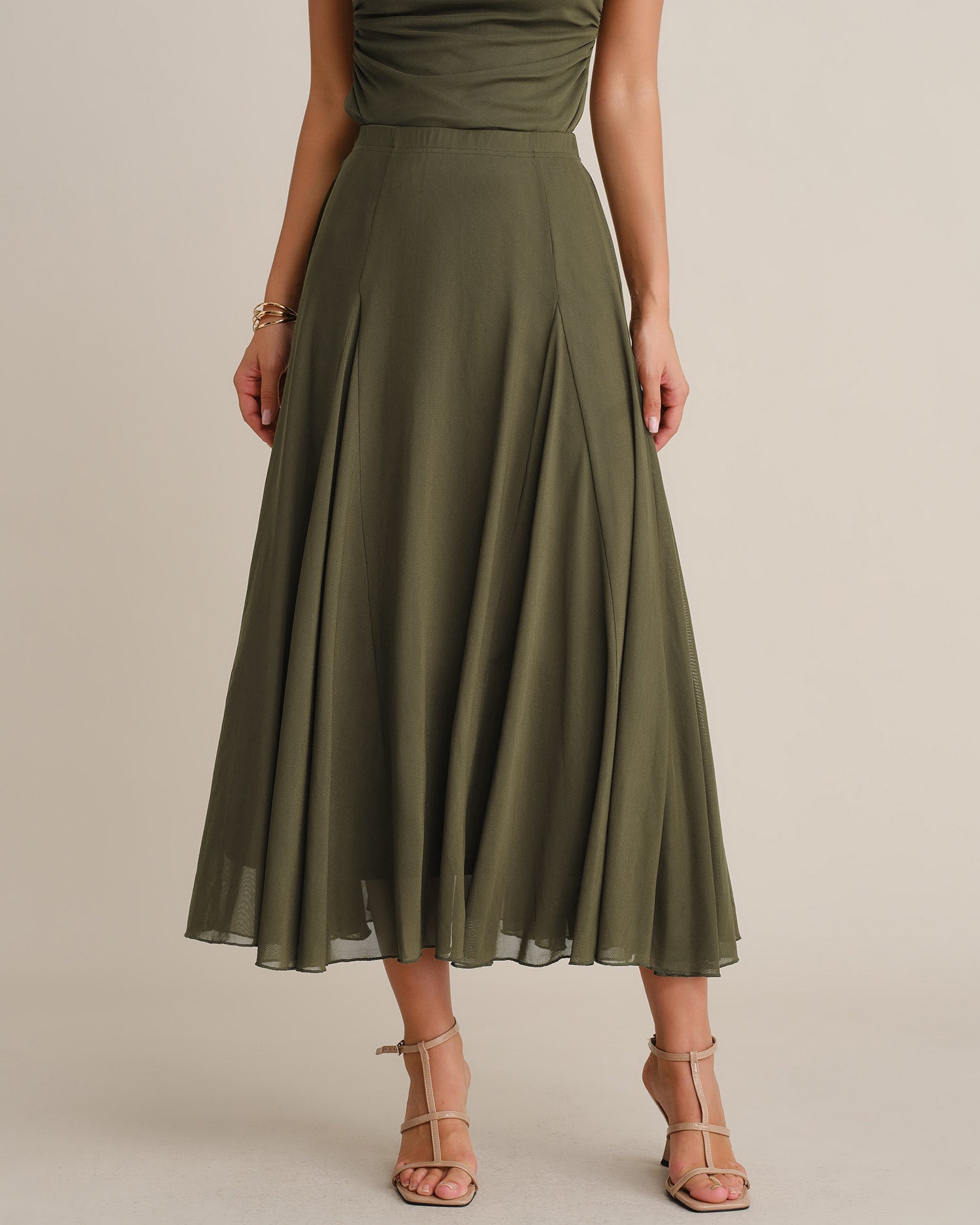 Green Elastic Waist Mesh Midi Skirt