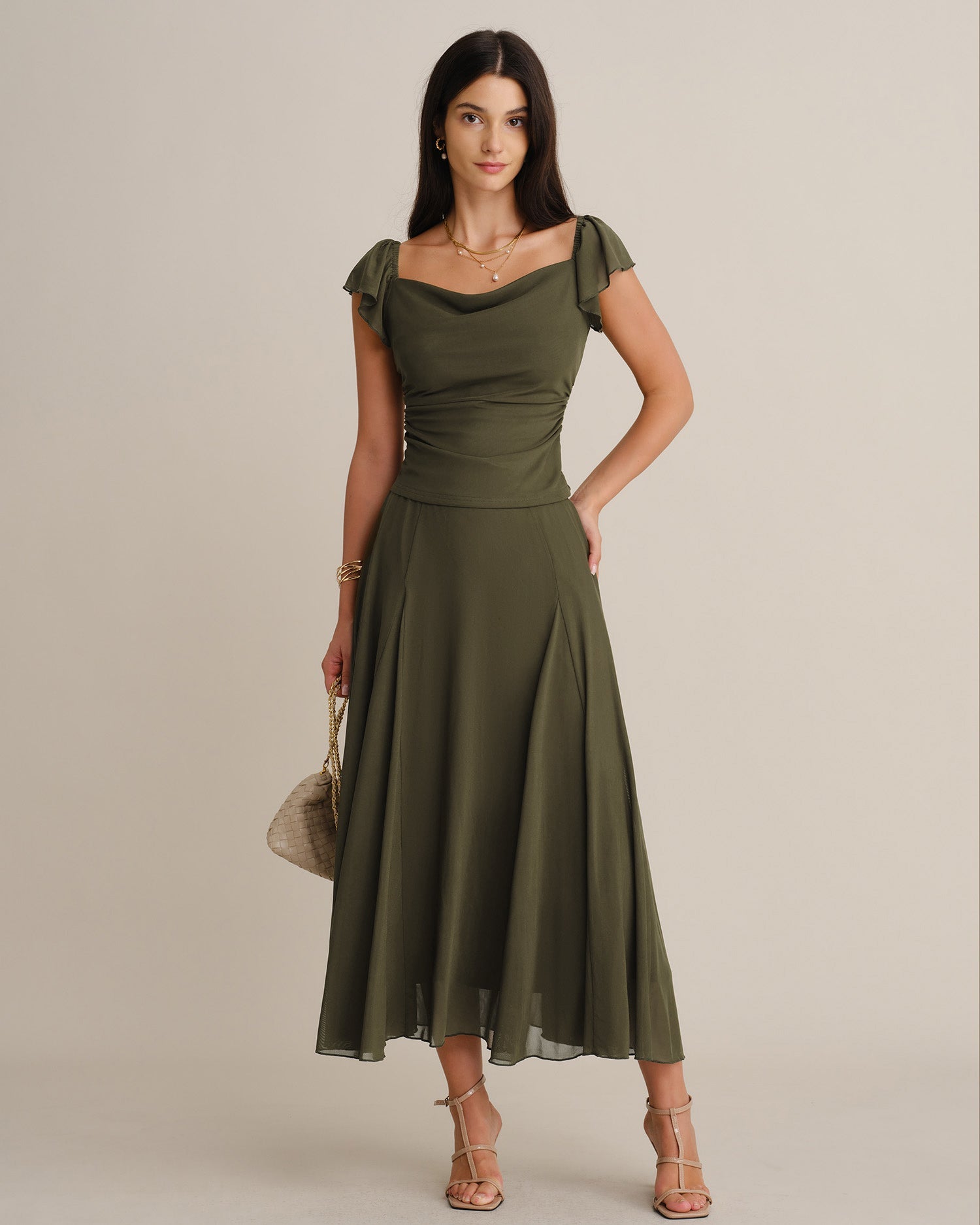 Green Elastic Waist Mesh Midi Skirt