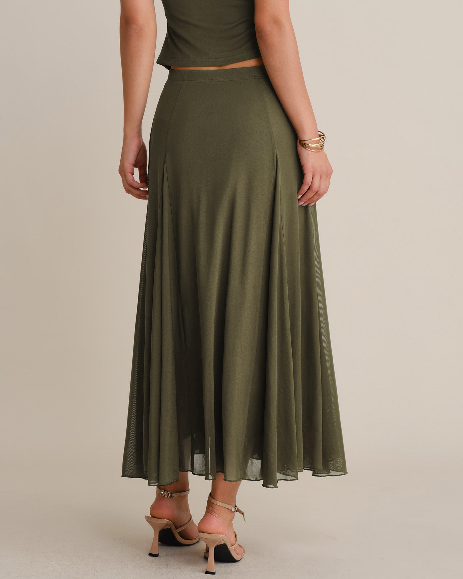 Green Elastic Waist Mesh Midi Skirt