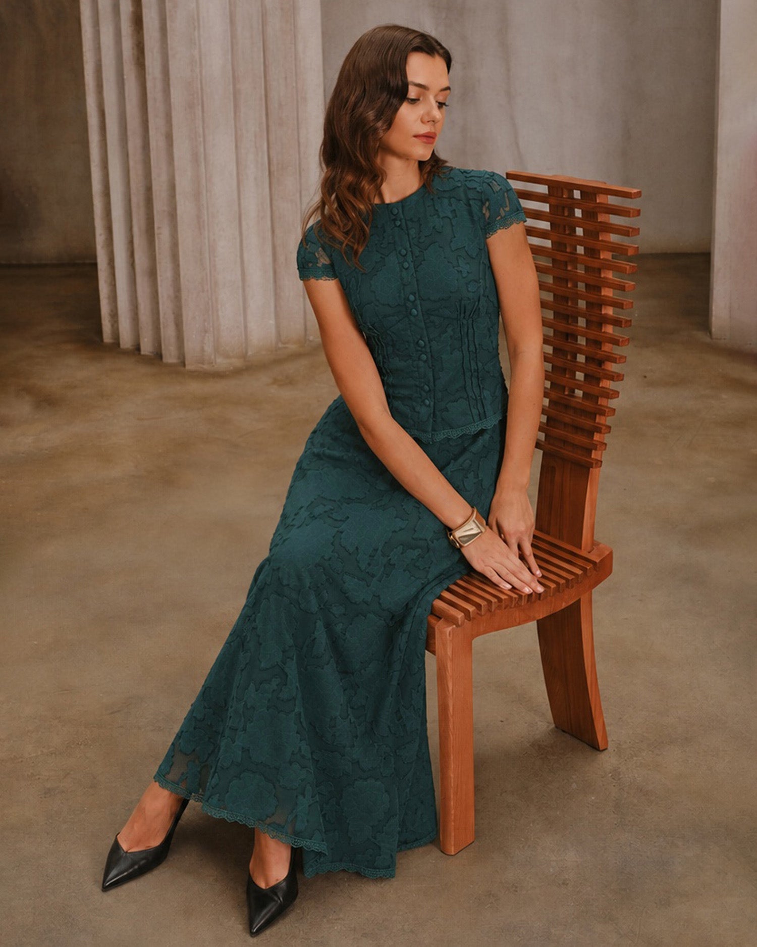 Green Lace Jacquard Midi Skirt