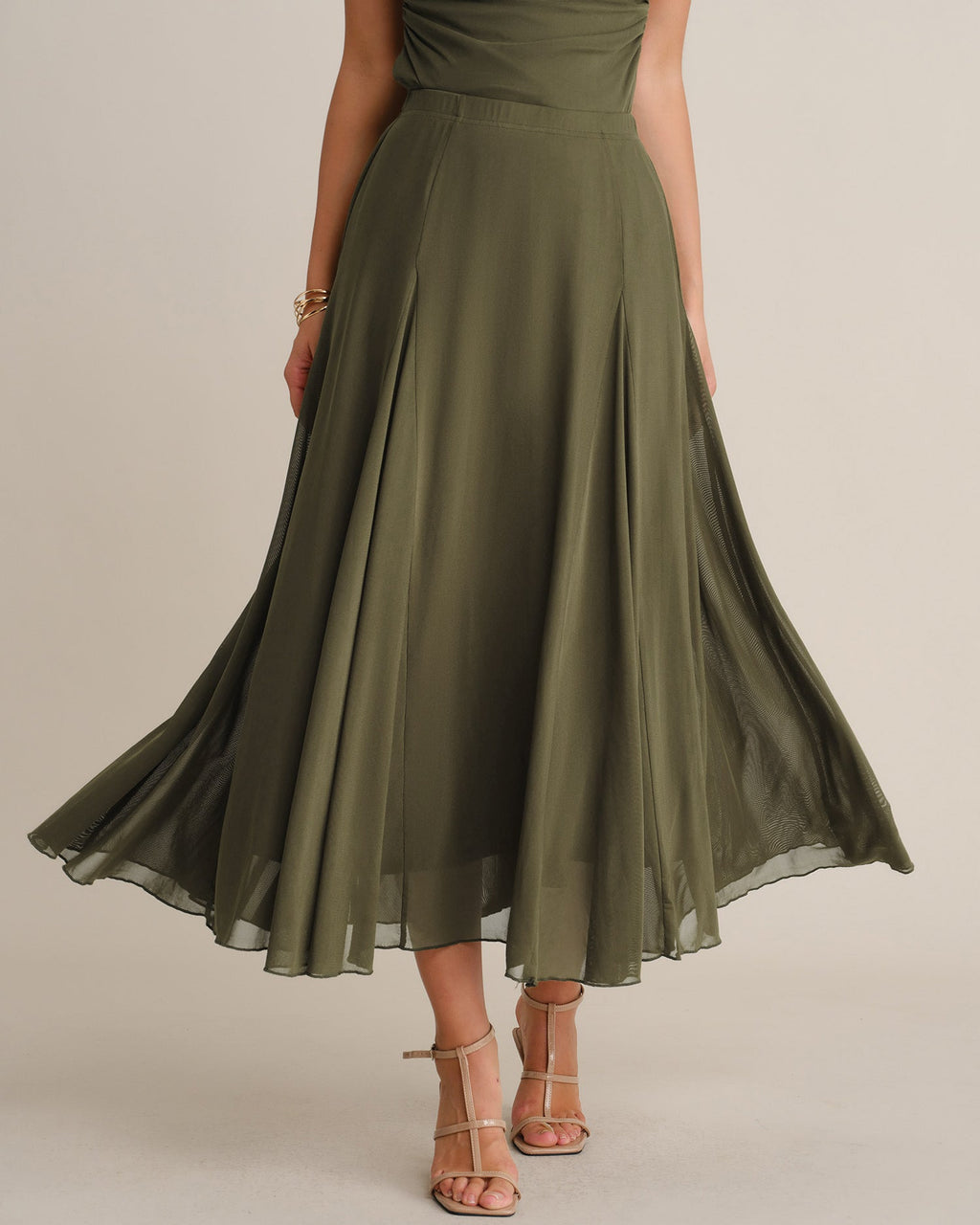 Green Elastic Waist Mesh Midi Skirt