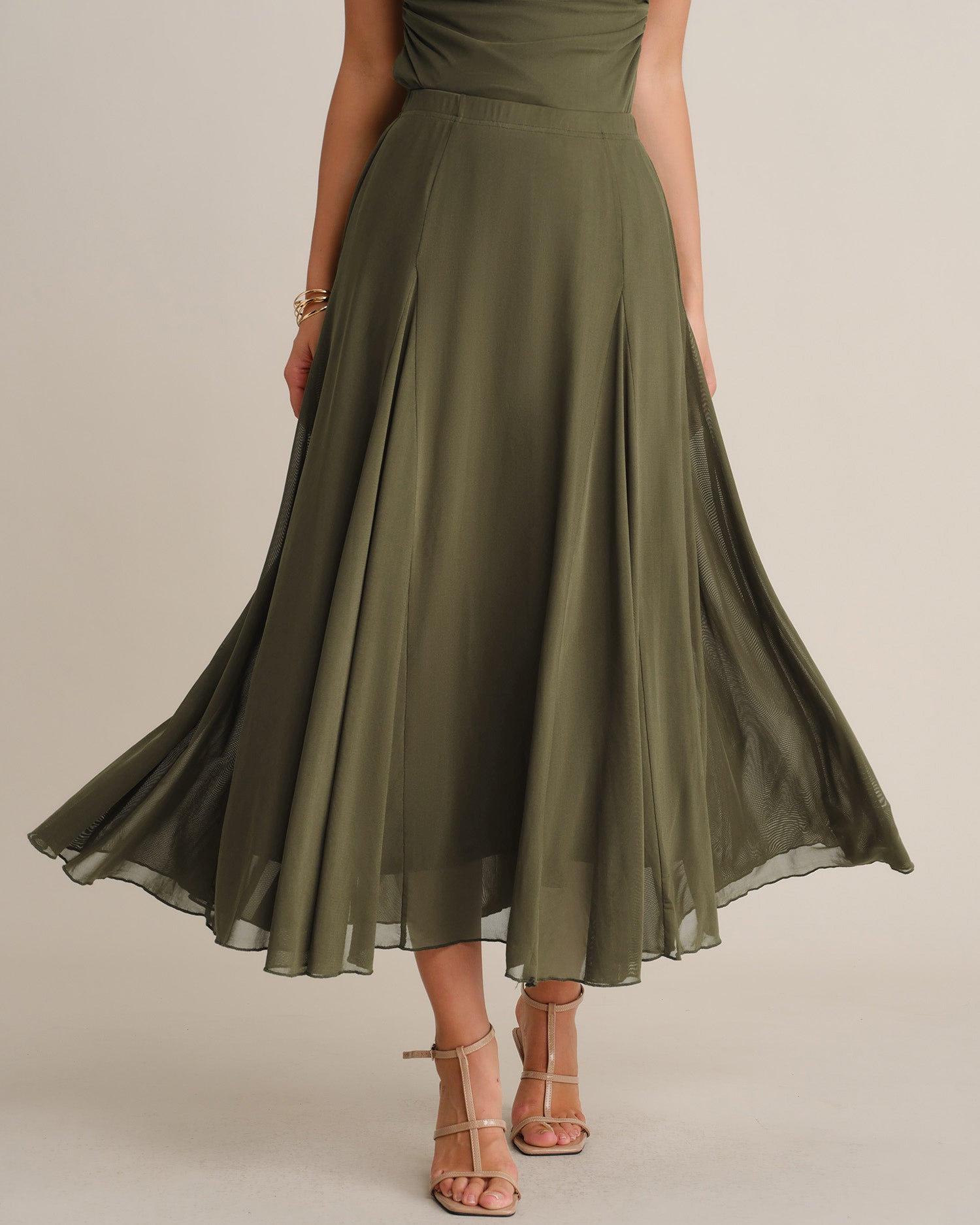 Green Elastic Waist Mesh Midi Skirt