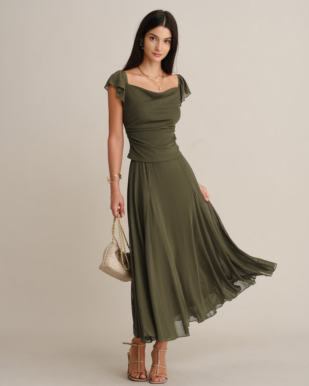 Green Elastic Waist Mesh Midi Skirt