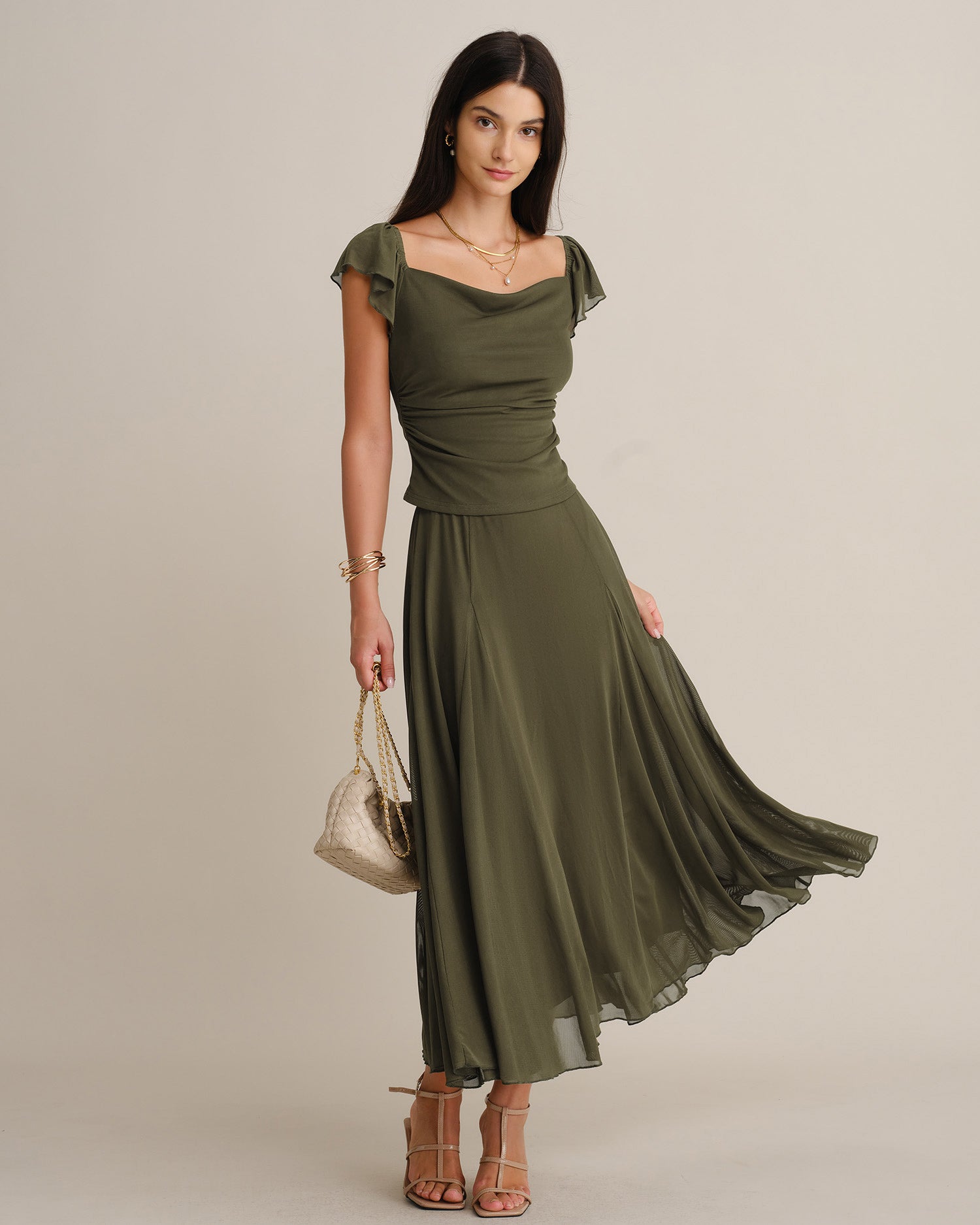 Green Elastic Waist Mesh Midi Skirt