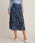Navy Elastic Waist Floral Slit Midi Skirt