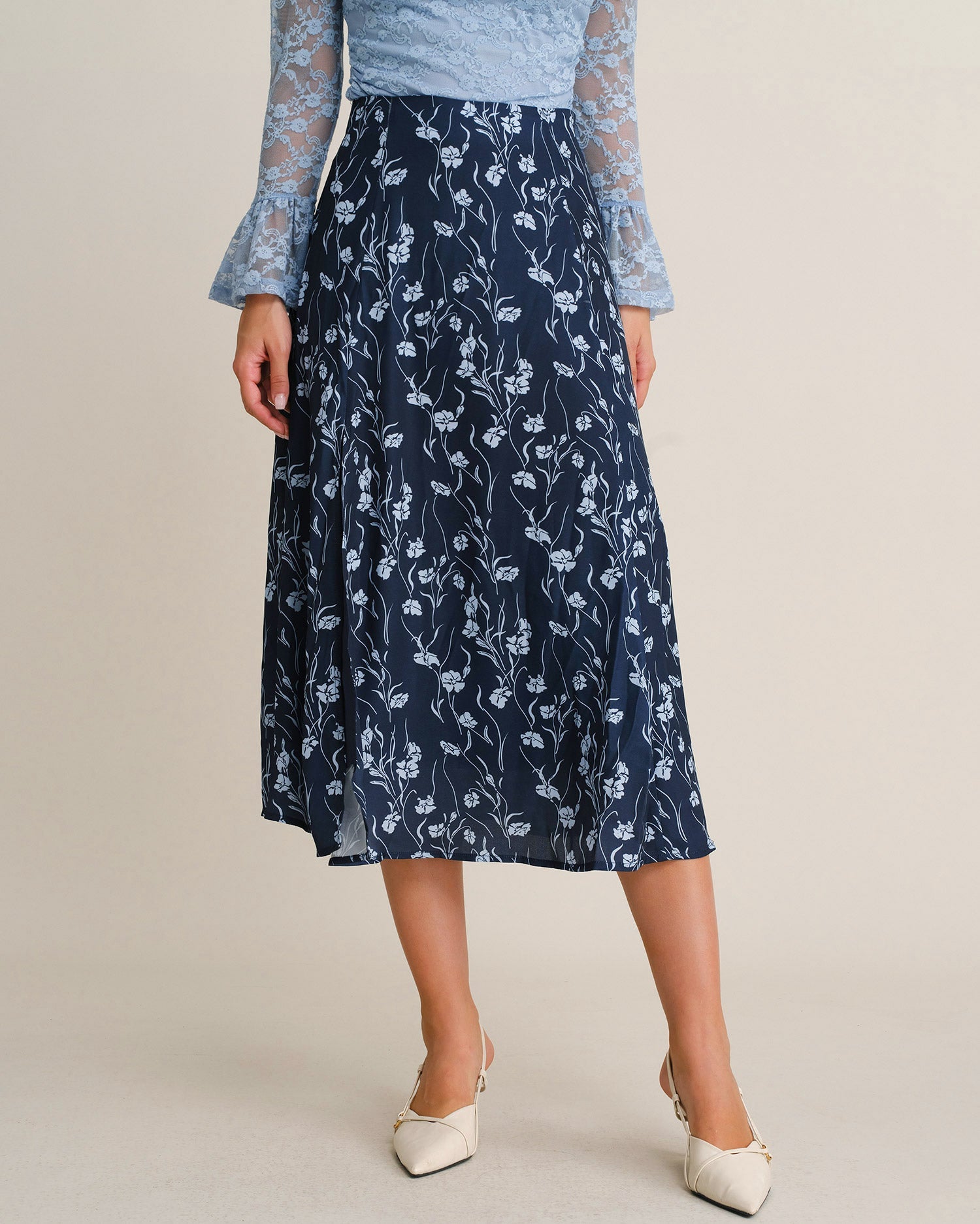 Navy Elastic Waist Floral Slit Midi Skirt