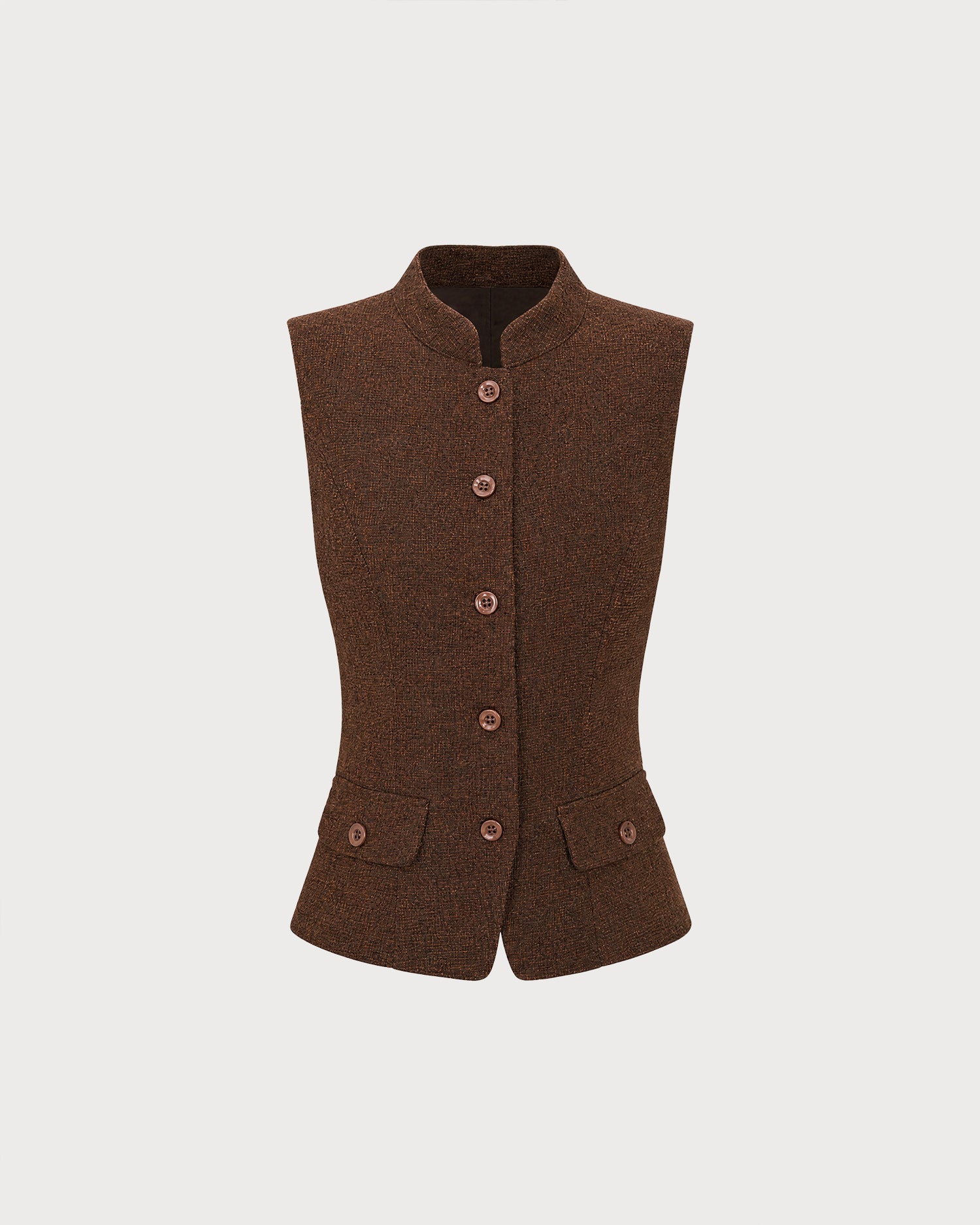 Brown Sleeveless Pockets Button Tank Top