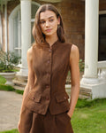 Brown Sleeveless Pockets Button Tank Top