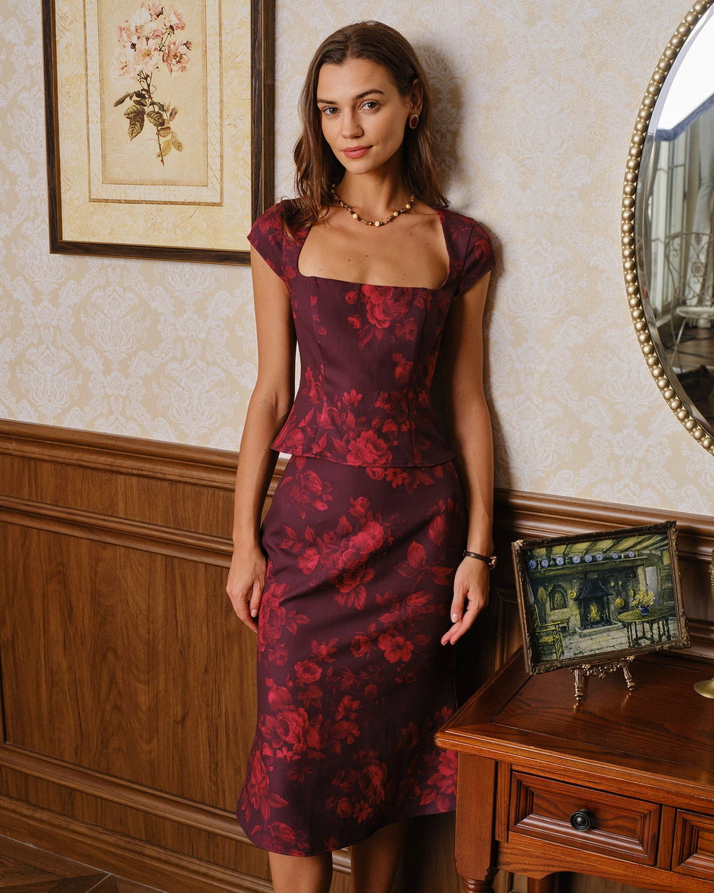 Wine Red Square Neck Floral Tank Top