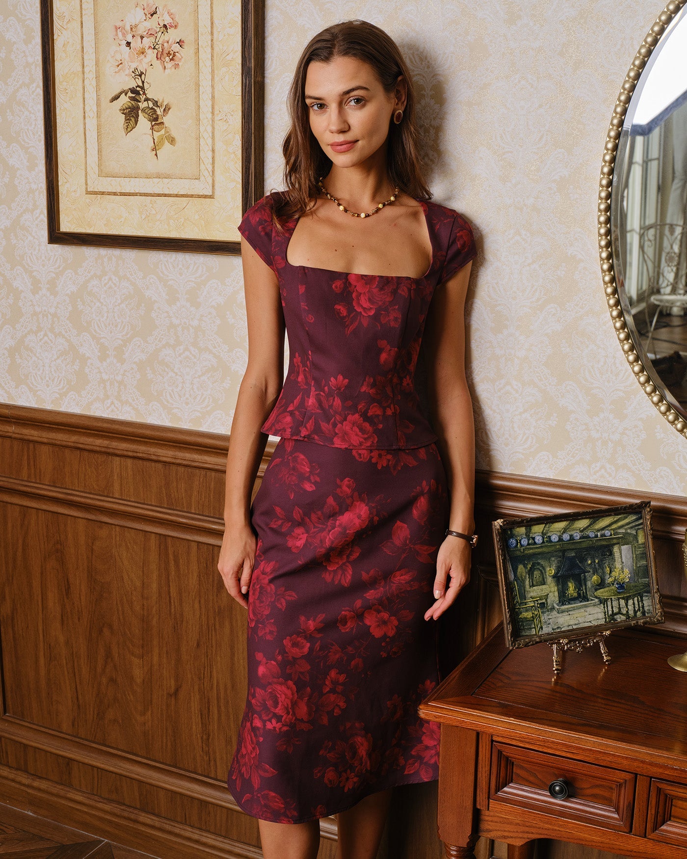 Wine Red Square Neck Floral Tank Top