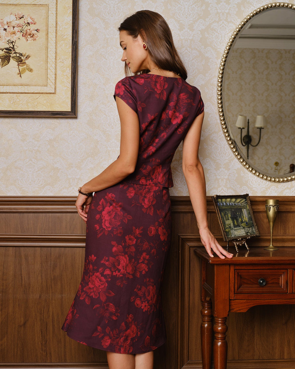 Wine Red Square Neck Floral Tank Top