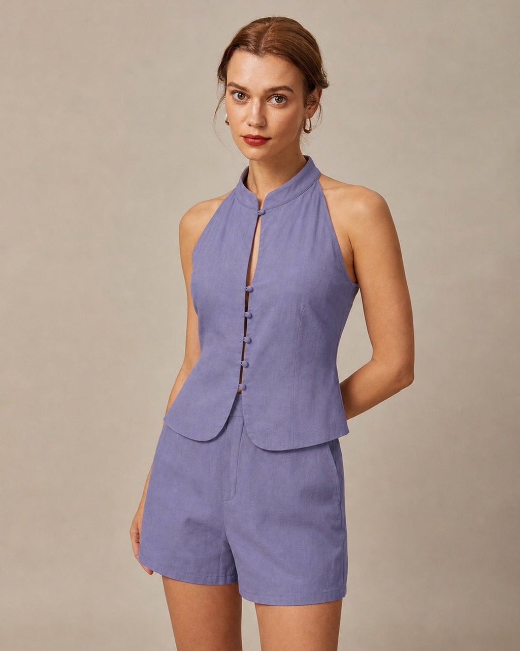 Purple Mandarin Collar Single Breasted Vest